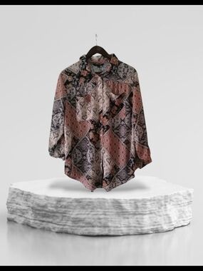 CHARLIE B Patchwork-Print Button Blouse in Pink and Black